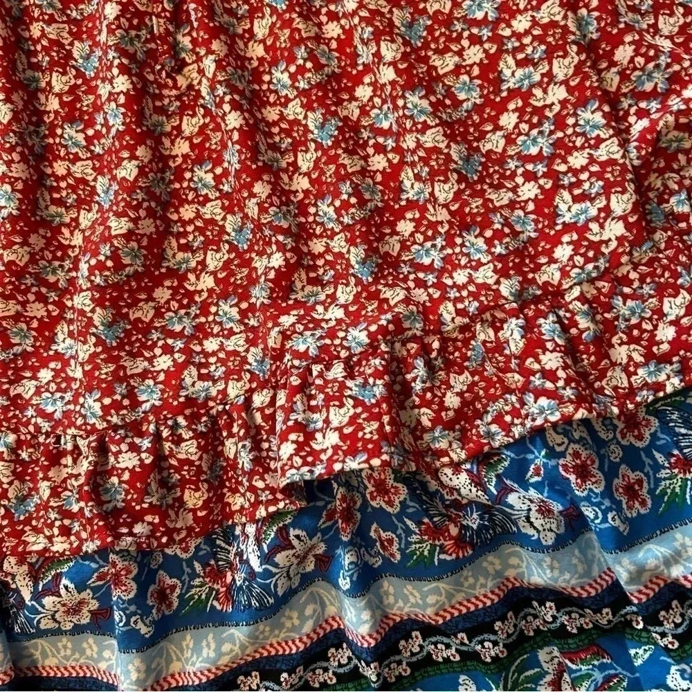 Umgee Tiered Floral Dress Women’s Medium Brick Red Navy‎ EUC